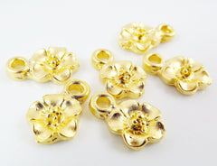 6 Cherry Blossom Flower Charms - Flat back - 22k Matte Gold Plated