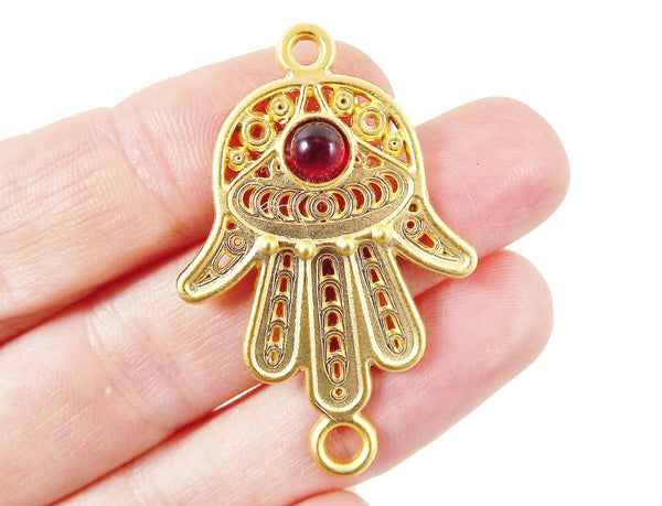 Hand of Fatima Connector with Garnet Red Glass Accent - 22k Matte Gold Plated - 1PC