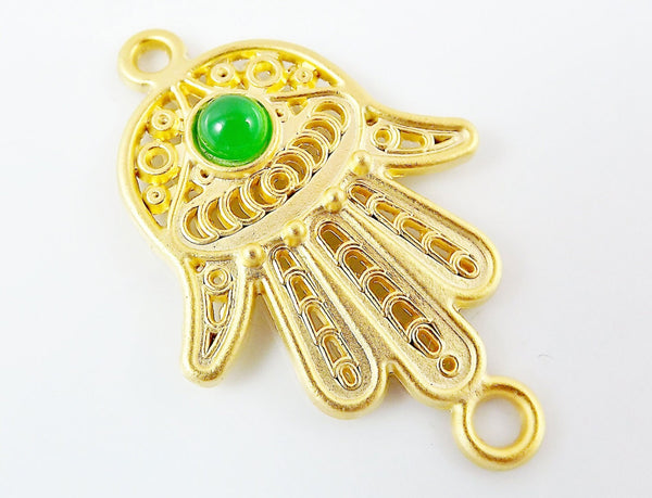 Hand of Fatima Connector with Green Glass Accent - 22k Matte Gold Plated - 1PC