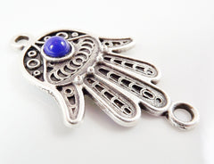 Hand of Fatima Connector with Royal Blue Glass Accent - Matte Silver Plated - 1pc
