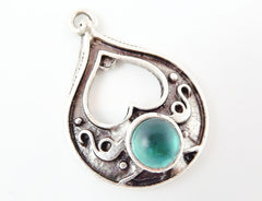 Teardrop Pendant with Teal Frosted Glass Accent - Matte Silver plated - 1pc