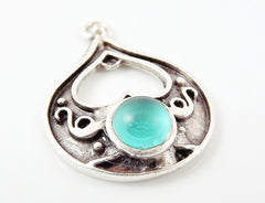 Teardrop Pendant with Teal Frosted Glass Accent - Matte Silver plated - 1pc