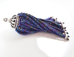 Long Blue Iris Beaded Tassel - Matte Silver Plated Brass - 1PC