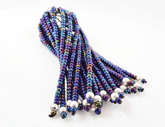 Long Blue Iris Beaded Tassel - Matte Silver Plated Brass - 1PC