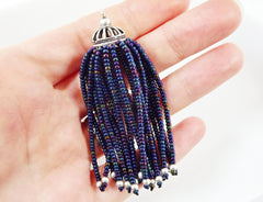 Long Blue Iris Beaded Tassel - Matte Silver Plated Brass - 1PC