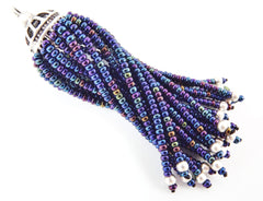 Long Blue Iris Beaded Tassel - Matte Silver Plated Brass - 1PC