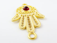 Hand of Fatima Connector with Garnet Red Glass Accent - 22k Matte Gold Plated - 1PC