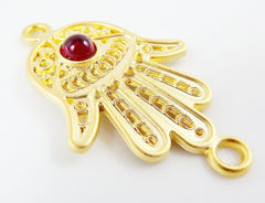 Hand of Fatima Connector with Garnet Red Glass Accent - 22k Matte Gold Plated - 1PC