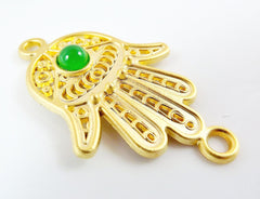 Hand of Fatima Connector with Green Glass Accent - 22k Matte Gold Plated - 1PC