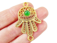 Hand of Fatima Connector with Green Glass Accent - 22k Matte Gold Plated - 1PC