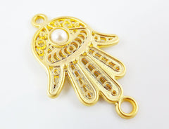 Hand of Fatima Connector with Pearl Glass Accent - 22k Matte Gold Plated - 1PC