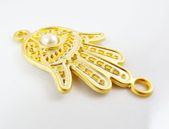 Hand of Fatima Connector with Pearl Glass Accent - 22k Matte Gold Plated - 1PC