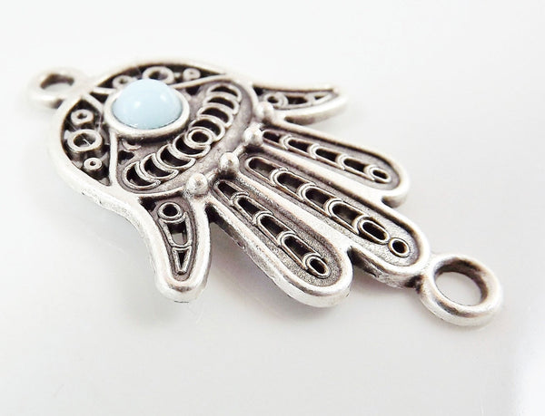 Hand of Fatima Connector with Pale Blue Glass Accent - Matte Silver Plated - 1pc