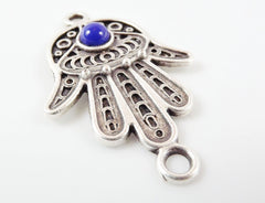 Hand of Fatima Connector with Royal Blue Glass Accent - Matte Silver Plated - 1pc