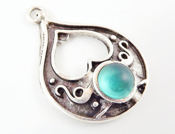 Teardrop Pendant with Teal Frosted Glass Accent - Matte Silver plated - 1pc