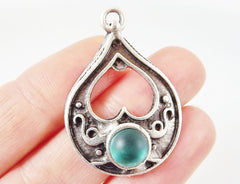 Teardrop Pendant with Teal Frosted Glass Accent - Matte Silver plated - 1pc