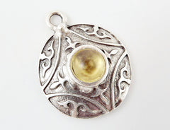 Round Dome Tribal Pendant with Lemon Yellow Frosted Glass Accent - Matte Silver plated - 1pc