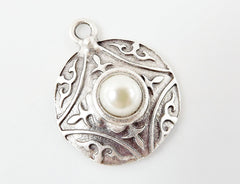 Silver Medallion Pendant, Round Dome Pendant with Pearl Accent, Tribal Charm, Turkish Jewelry Supplies, Matte Antique Silver plated - 1pc