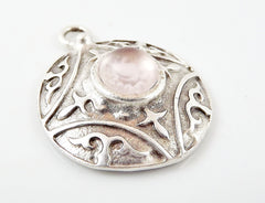 Round Dome Tribal Pendant with Pale Pink Glass Accent - Matte Silver plated - 1pc