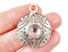 Round Dome Tribal Pendant with Pale Pink Glass Accent - Matte Silver plated - 1pc