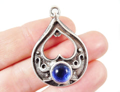 Teardrop Pendant with Blue Glass Accent - Matte Silver plated - 1pc