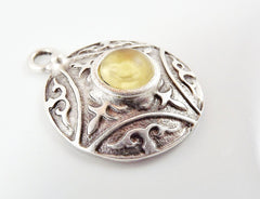 Round Dome Tribal Pendant with Lemon Yellow Frosted Glass Accent - Matte Silver plated - 1pc