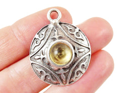 Round Dome Tribal Pendant with Lemon Yellow Frosted Glass Accent - Matte Silver plated - 1pc