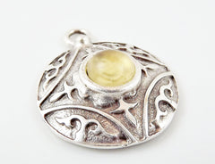 Round Dome Tribal Pendant with Lemon Yellow Frosted Glass Accent - Matte Silver plated - 1pc