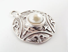 Silver Medallion Pendant, Round Dome Pendant with Pearl Accent, Tribal Charm, Turkish Jewelry Supplies, Matte Antique Silver plated - 1pc