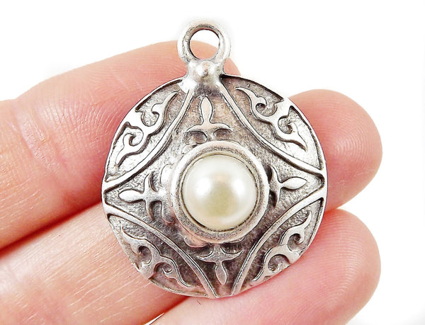 Silver Medallion Pendant, Round Dome Pendant with Pearl Accent, Tribal Charm, Turkish Jewelry Supplies, Matte Antique Silver plated - 1pc