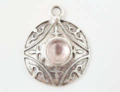 Round Dome Tribal Pendant with Pale Pink Glass Accent - Matte Silver plated - 1pc