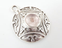 Round Dome Tribal Pendant with Pale Pink Glass Accent - Matte Silver plated - 1pc