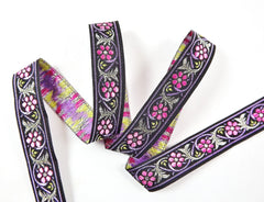 Pink Lilac & Silver Floral Vine Woven Embroidered Jacquard Trim Ribbon - 1 Meter  or 3.3 Feet or 1.09 Yards
