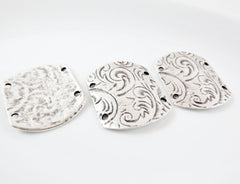 Curved Rectangle Bracelet Cuff Connector with Etched Floral Pattern -  Matte Silver Plated - 1PC