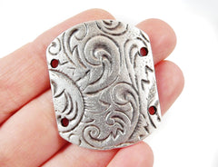 Curved Rectangle Bracelet Cuff Connector with Etched Floral Pattern -  Matte Silver Plated - 1PC