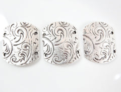 Curved Rectangle Bracelet Cuff Connector with Etched Floral Pattern -  Matte Silver Plated - 1PC