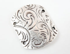 Curved Rectangle Bracelet Cuff Connector with Etched Floral Pattern -  Matte Silver Plated - 1PC