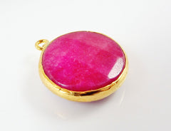 22mm Red  Faceted Jade Pendant - 22k Gold plated Bezel - 1pc -