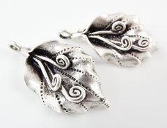 2 Curly Vine Leaf Pendant Charms - Matte Silver Plated Brass