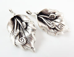 2 Curly Vine Leaf Pendant Charms - Matte Silver Plated Brass