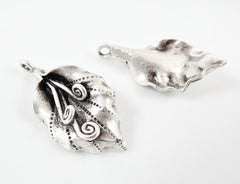 2 Curly Vine Leaf Pendant Charms - Matte Silver Plated Brass