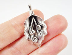 2 Curly Vine Leaf Pendant Charms - Matte Silver Plated Brass