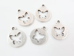 5 Round Cutout Butterfly Charms - Matte Silver Plated