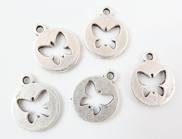 5 Round Cutout Butterfly Charms - Matte Silver Plated