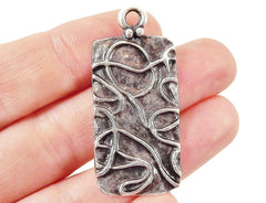 2 Organic Rectangle Pendants with Drizzle Scribble Detail - Matte Silver Plated
