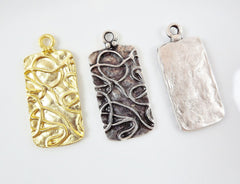 2 Organic Rectangle Pendants with Drizzle Scribble Detail - Matte Silver Plated