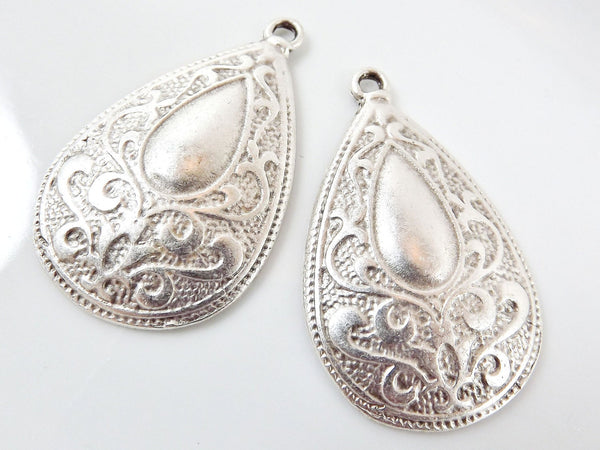 2 Gypsy Paisley Teardrop Pendants - Matte Silver plated