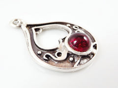 Teardrop Pendant with Red Glass Accent - Matte Silver plated - 1pc