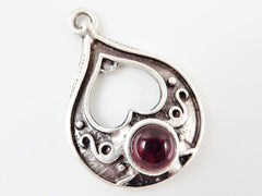 Teardrop Pendant with Red Glass Accent - Matte Silver plated - 1pc