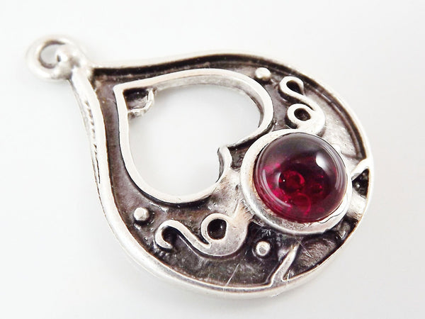 Teardrop Pendant with Red Glass Accent - Matte Silver plated - 1pc